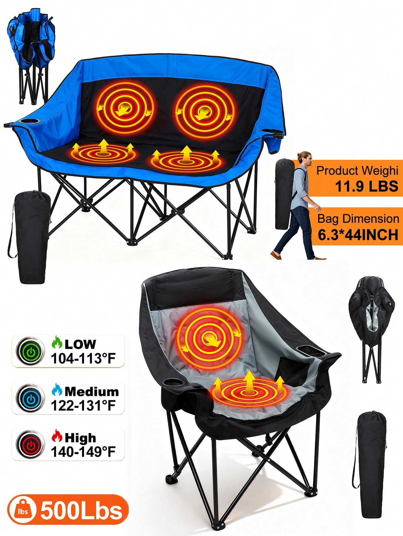온열 기능이 있는 2인용 캠핑 의자, 접이식 캠핑 의자 - Outdoor Camping Loveseat 리뷰 및 가격